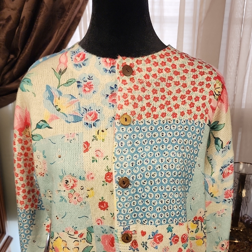 Floral Polka Dots Soft Girl Patchwork Cottagecore Button-Up Jacket Cardigan | L‎ - Picture 3 of 11